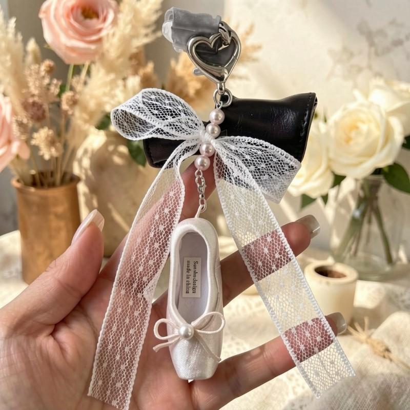 Sweet Korean Style Pink Ribbon Ballet Shoe Keychain With Pearl Charm Resin Accessory Girls