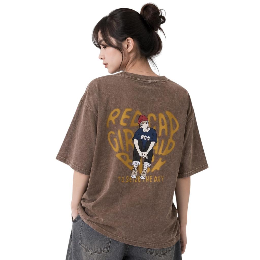 Cap Printed Wash Unisex RE26SU04 BROWN XL [Red Girl] Short-Sleeve T-Shirt (Snow Finish) / /