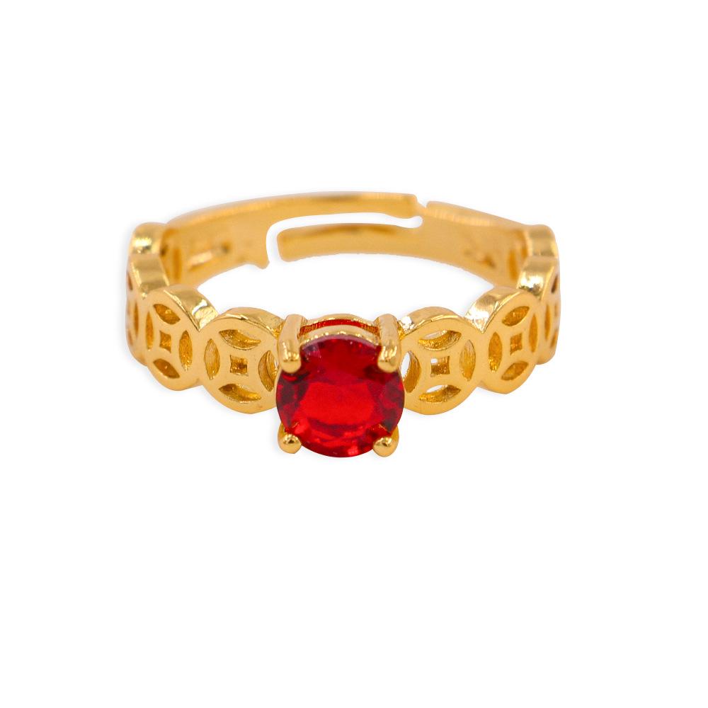 Elegant Red Zircon Coin Ring: Adjustable Japanese-Korean Style for New Year Prosperity