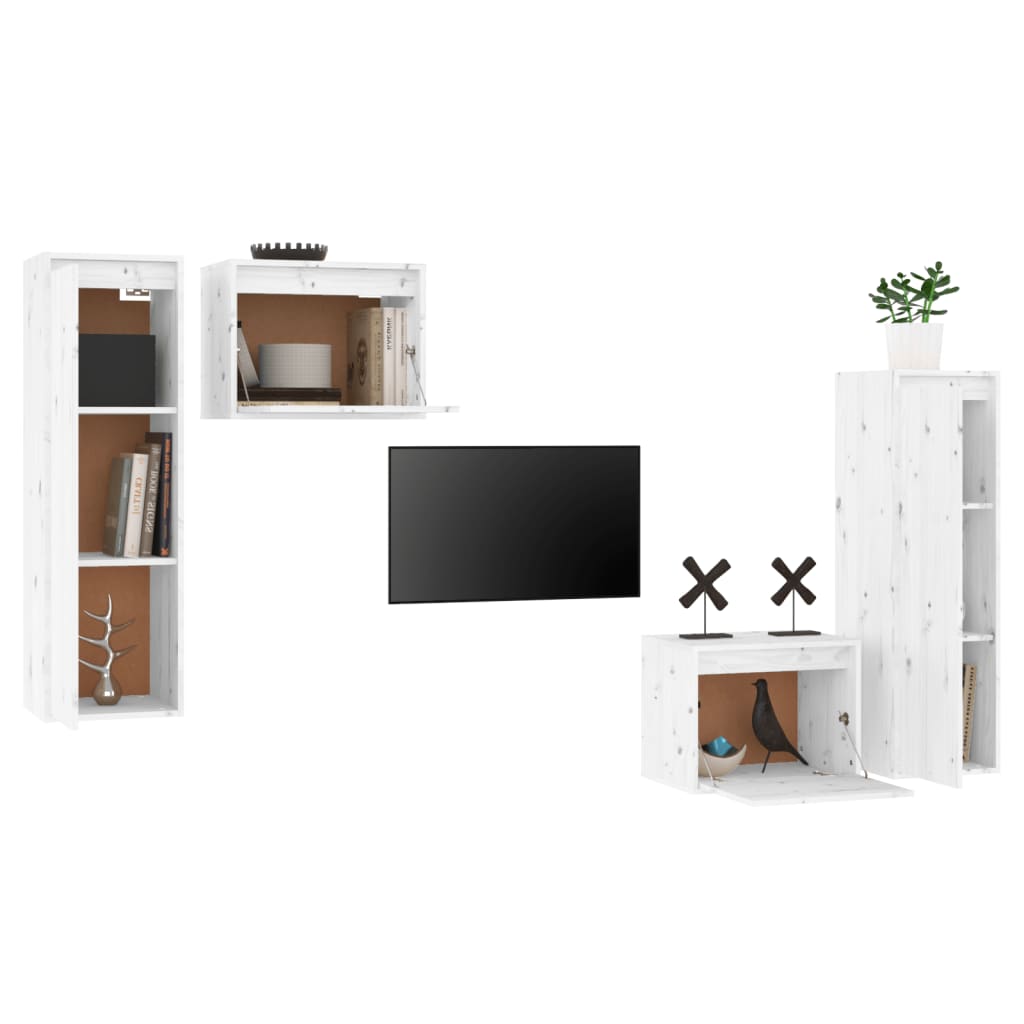 TV Cabinets Set of 4 White Solid Pine Wood
