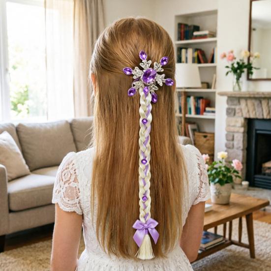 Kids Ponytail Extension with Hair Tie Rhinestone Snowflake Bow Halloween Costume Party Girls Wrap Around Synthetic Long Ponytail Hair Extension