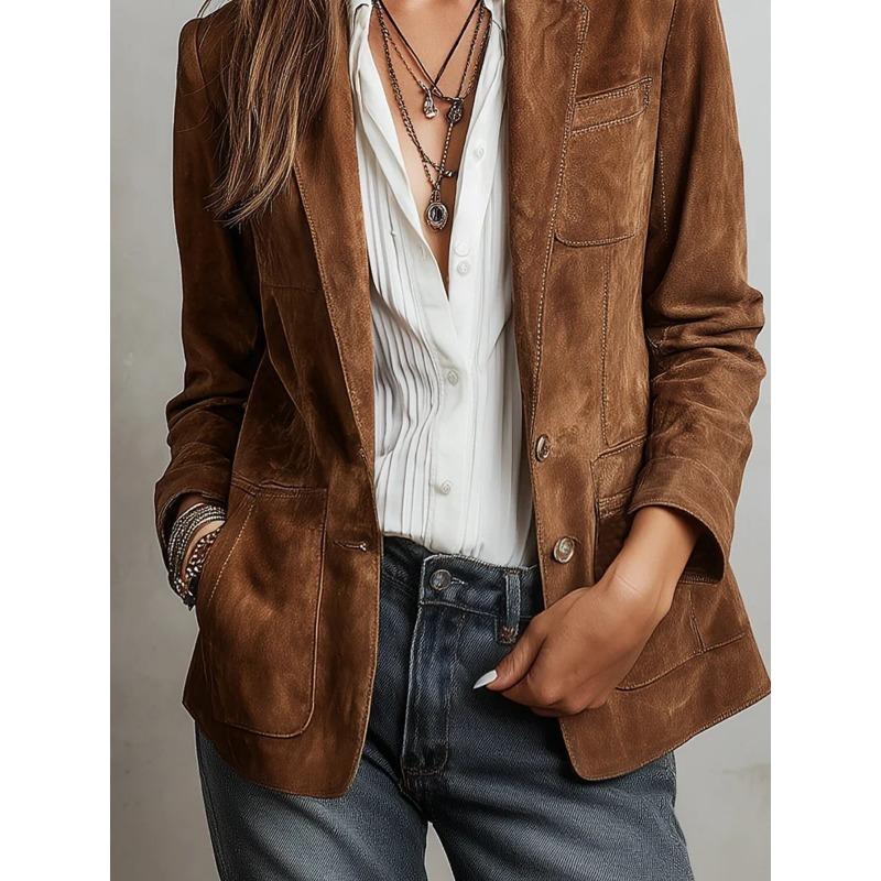 Women S Retro Suede Single Breasted Long Sleeve Jacket