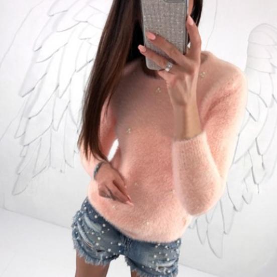 Sweater Jumper Long Sleeve Resistant Autumn Thickened Cold Winter Plush Faux Pearls Decor Sweater Jumper Streetwear