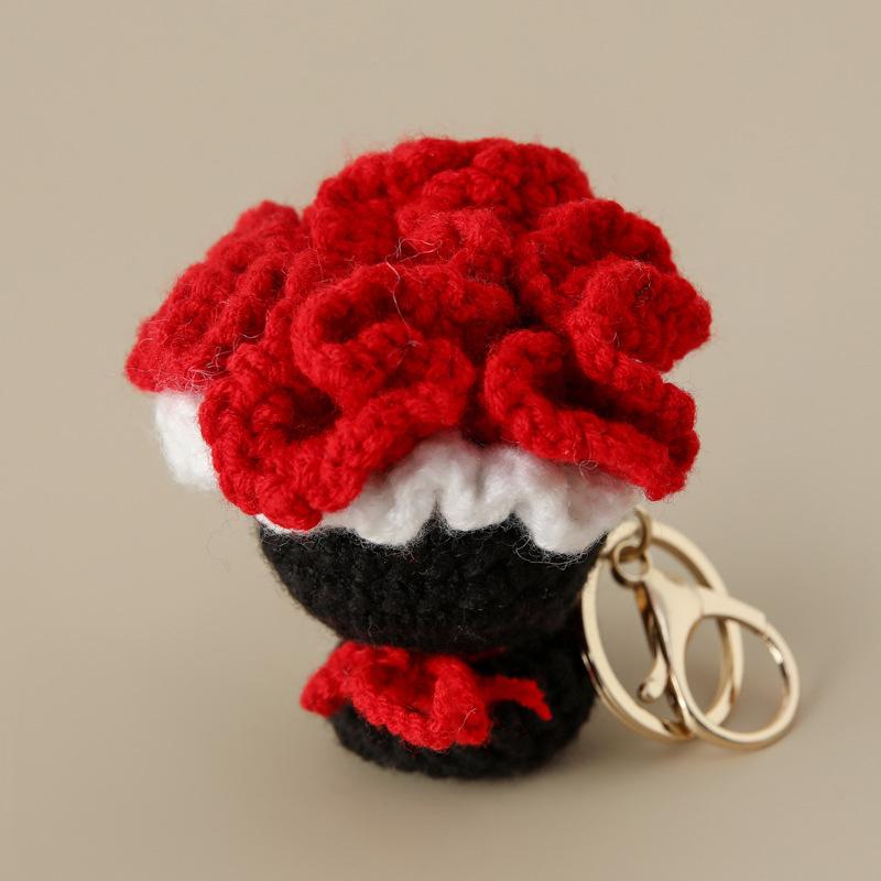 Crocheted Carnation Bag Pendant Ornament Key Rings Holders Unique Handheld Flower Design Creative Gift Decorative 5 Colors