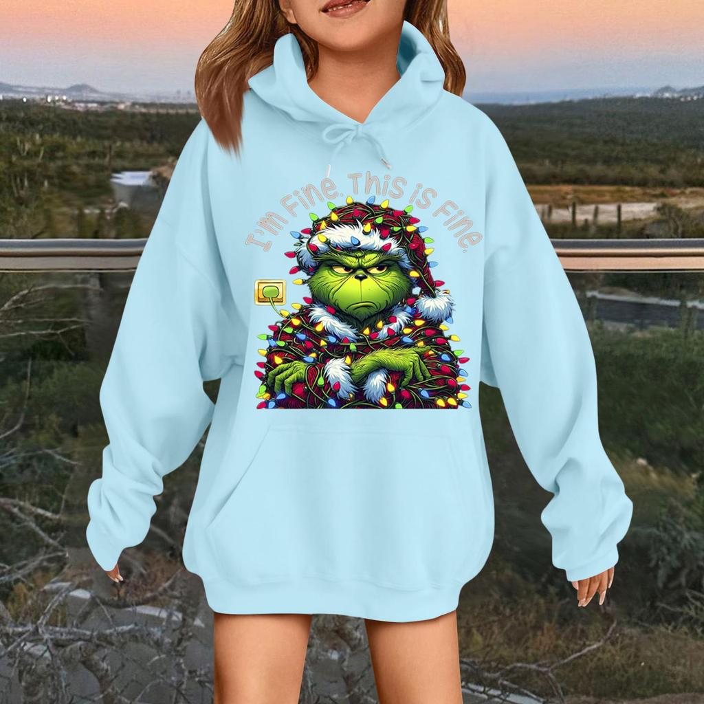 Dětská módní ležérní mikina s dlouhým rukávem, volná, s vánočním potiskem, pulovr s kapucí