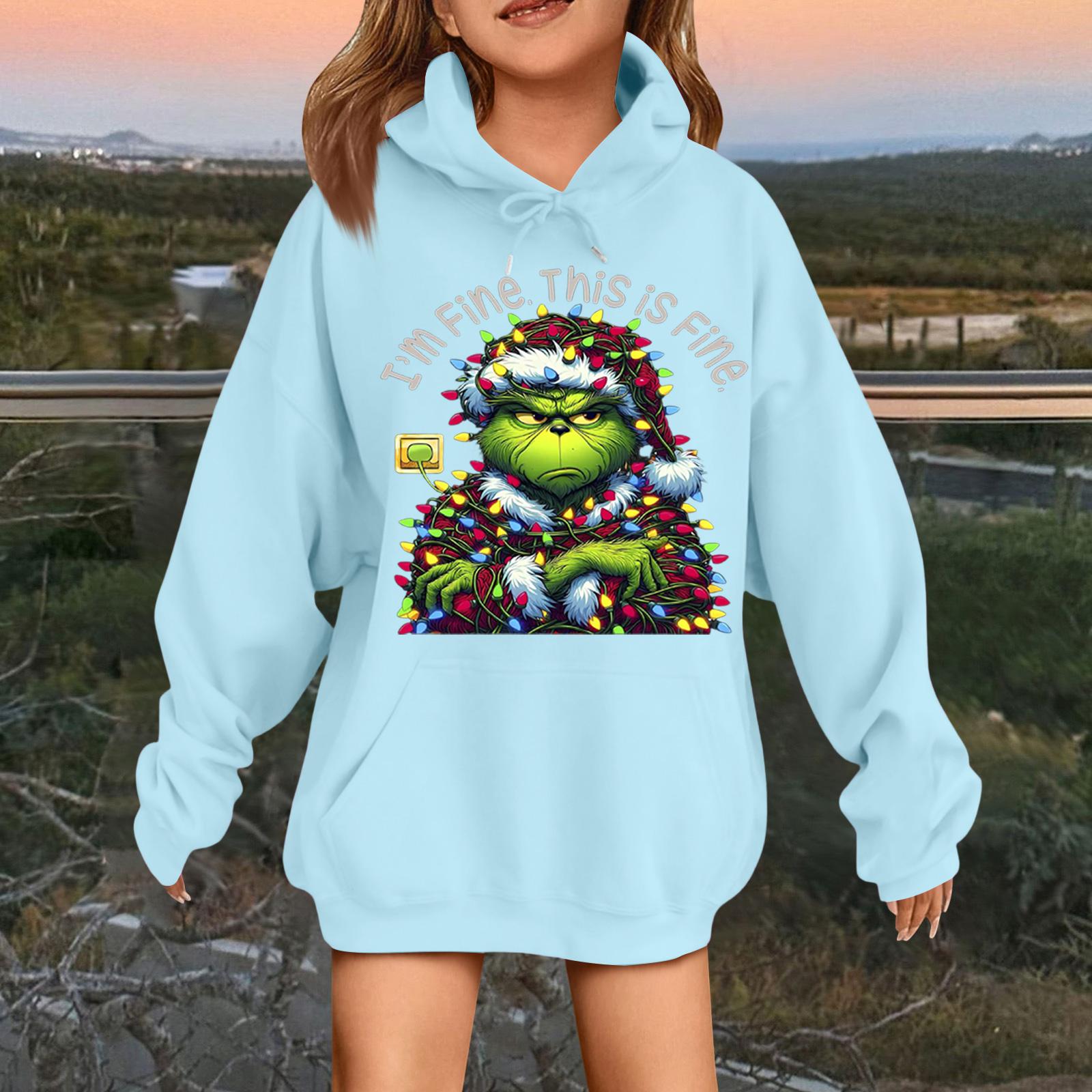 

Детская модная повседневная толстовка с капюшоном свободного кроя с длинными рукавами и рождественским принтом 160 небесно-голубой