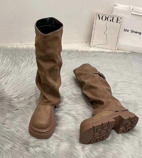 Women Boots Block Heel Fold Vintage Pleated Stack Western Boots Women'S  Round Toe Studded Knee-Free Knee Knight Boots