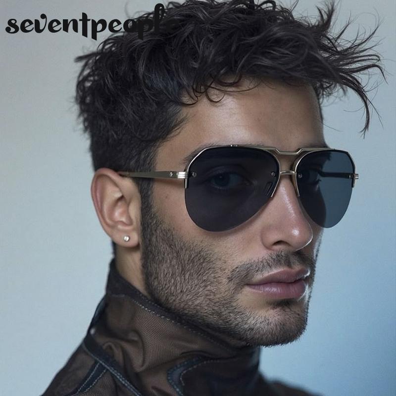 Steampunk Semi-Randloze Piloot Zonnebril Heren Luxe Merk Vintage Oversized Ovalen Zonnebril Voor Mannen Klassiek Metaaltinten