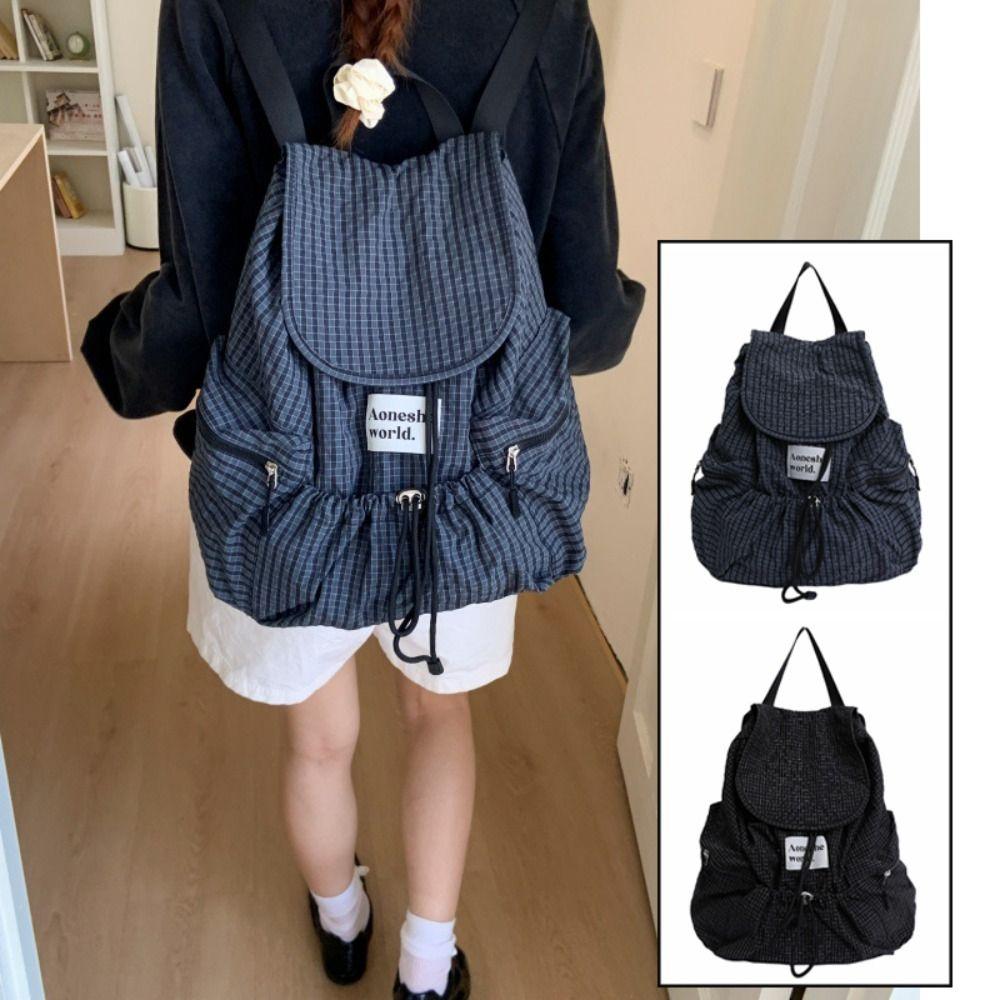 Karomuster Raffung Schultertaschen Koreanische Studenten Schultasche Trendige Rucksack mit Kordelzug Herren Damen