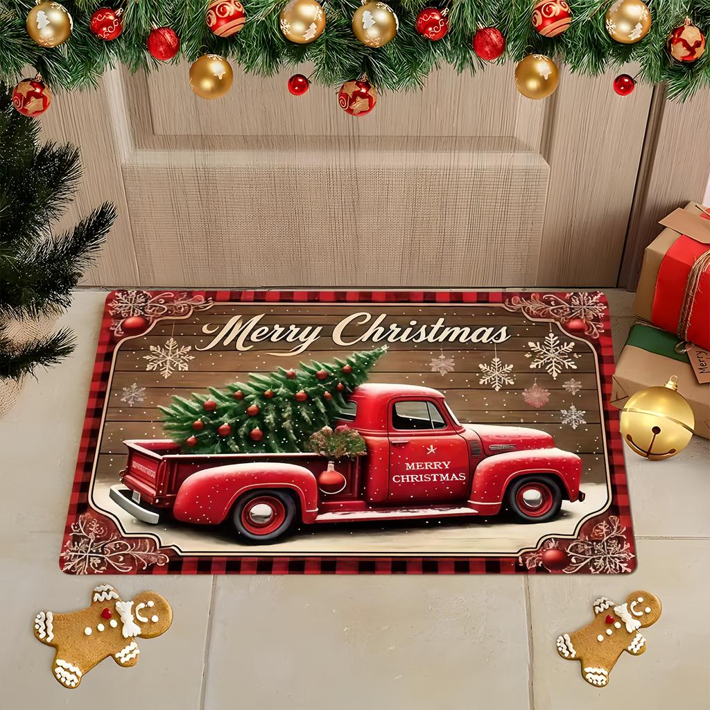 Christmas Day Ambiance Entry Door Mat Vintage Red Truck Christmas Tree Pattern Non Slip Absorbent Carpet Home Decor