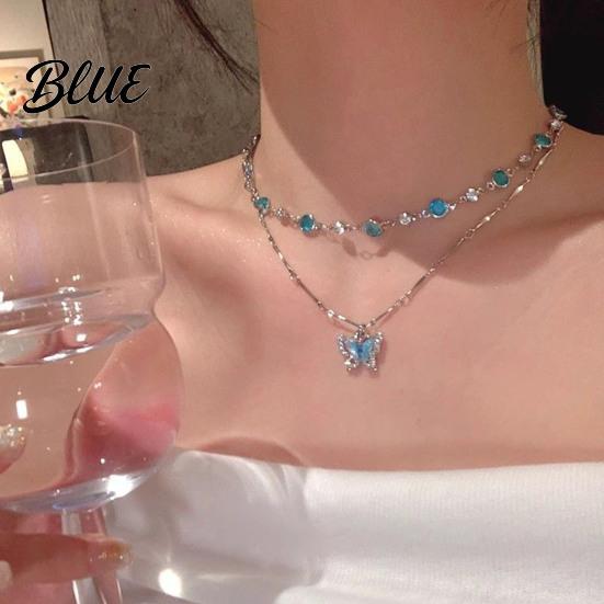 Lightweight Butterfly Jewelry Blue Necklace Women Rhinestone Choker Pendant Versatile
