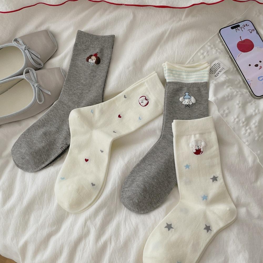 Cute Socks Cotton Socks White Apple Gray Dog Mid Tube Socks Tide Cartoon College Style Stockings