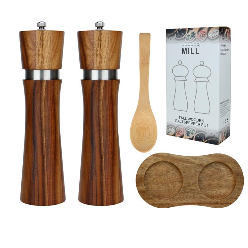 8-inch Acacia Wood Manual Salt & Pepper Grinder Set with Ceramic Core and Bamboo Base