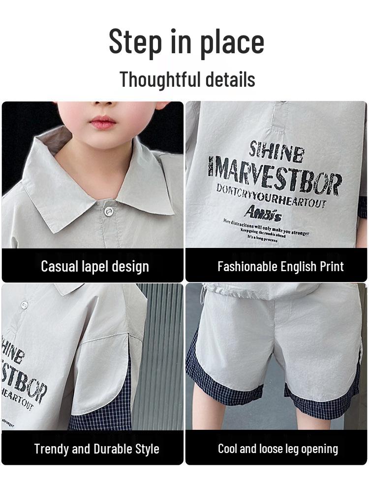 Boys' Trendy Summer Polo Collar Cotton Patchwork Two-Piece Set: Stylish Short Sleeve Shirt & Shorts