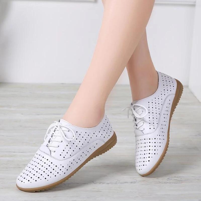 Women Hollow Shoes High Quality Casual Small Leather Shoe Soft Bottom Comfort Flats Moccasins Lace Up Oxford Shoes Women Loafers