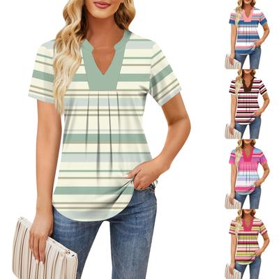 Women's Short Sleeve Casual V-neck Chest Pleated Printed Loose T-shirt Top