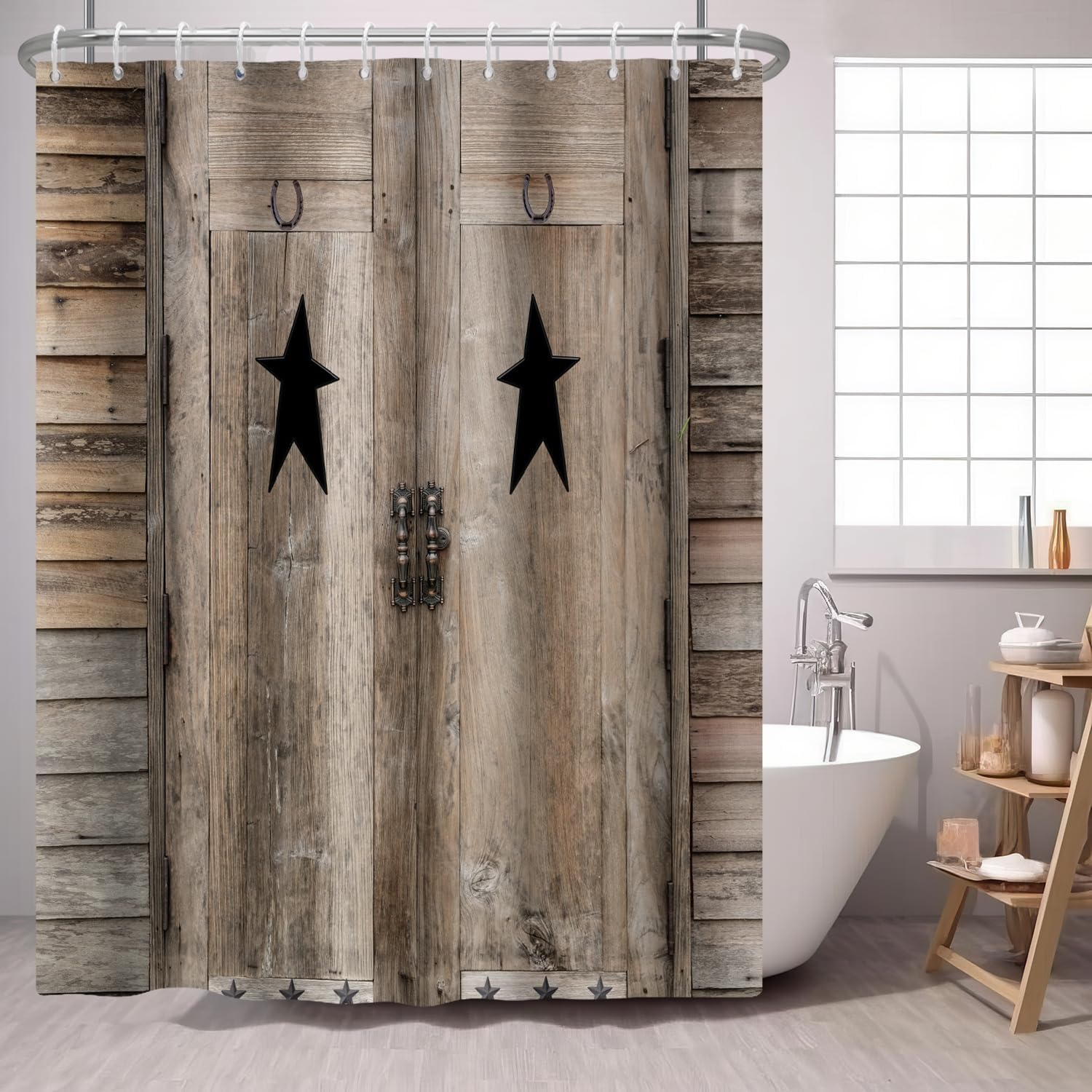 

Rustic Barn Door Shower Curtain Brown Star On Wooden,Country Cabin Fabric Shower Curtains Farmhouse Theme Bathroom Accessories W60H190(CM)-1 Pcs