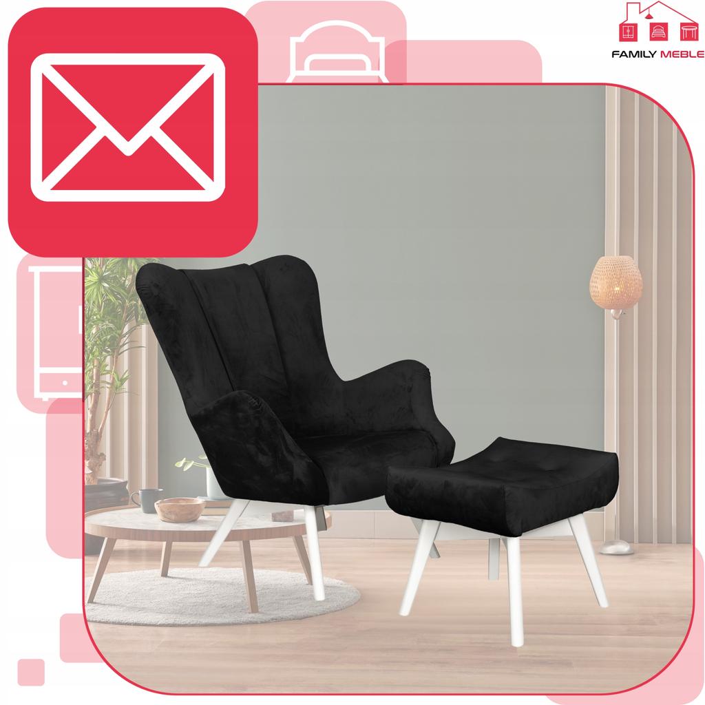 Vika Scandinavian Armchair with Footrest, Pouffe, Profiled, Family Meble, Black