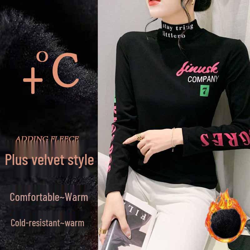 

Autumn/Winter Fleece Lined Yoga T-Shirt - Slim Fit, Casual Print, Long Sleeve, Half High Neck L suggested 90-100 jin