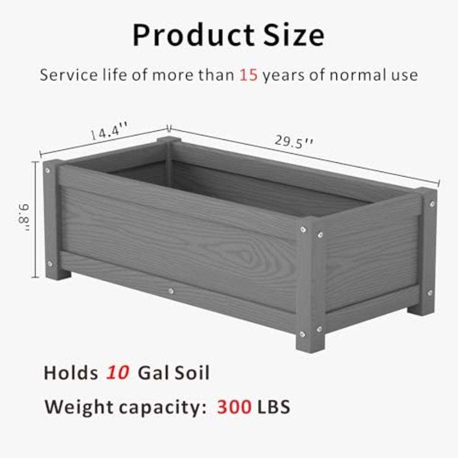 HDPE Raised Planter Box Outdoor Rot-Resistant and Non-Cracking Rectangle Planter 29.5 x 14.4 x 9.8 in Gray with Drainage Holes