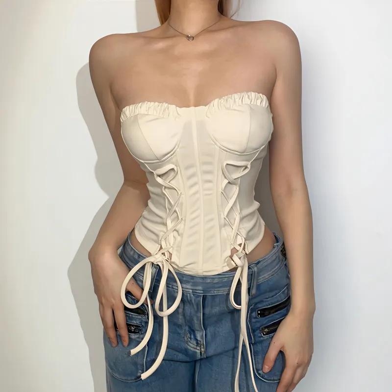 Women's Beige Bandeau Corset Top Ruffled Bust Lace Up Back Sleeveless Casual Crop Top