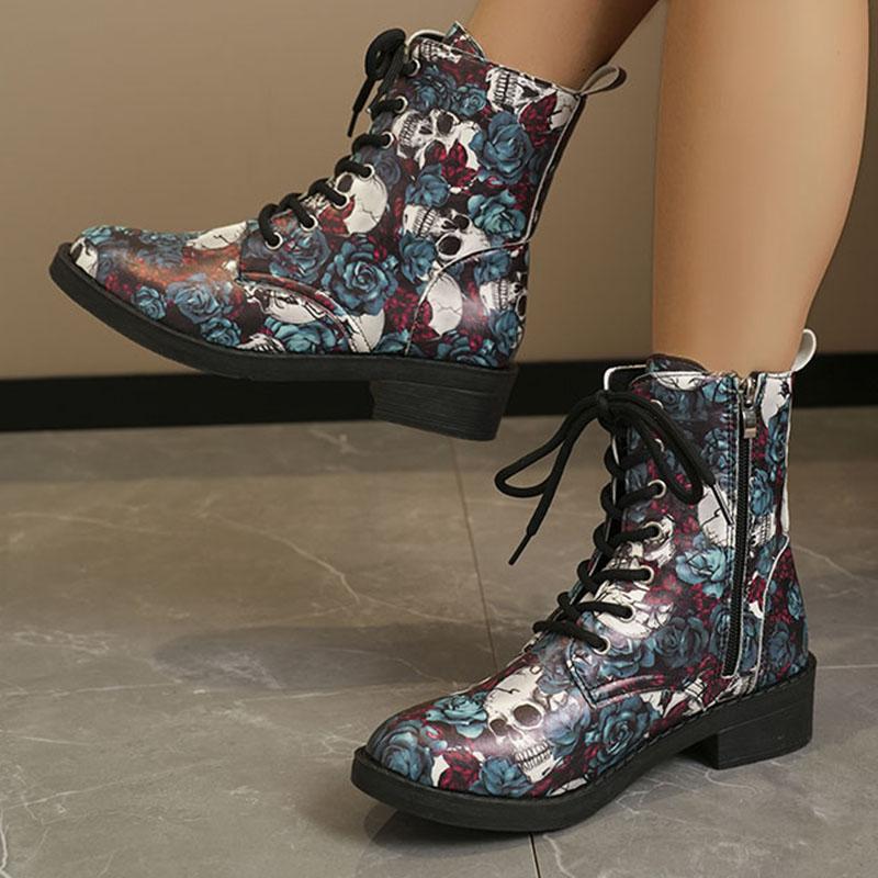 Mote 2024 Høst Fargerike Ankelstøvletter med Slangeskinnprint Dame Pu-skinn Snøring Korte Støvletter Moteshow Damestøvletter 35-42