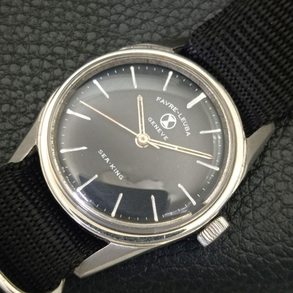 HAND-WINDING VINTAGE FAVRE LEUBA SEA KING SWISS MENS BLACK DIAL WATCH a703812-1 R213f-a703812