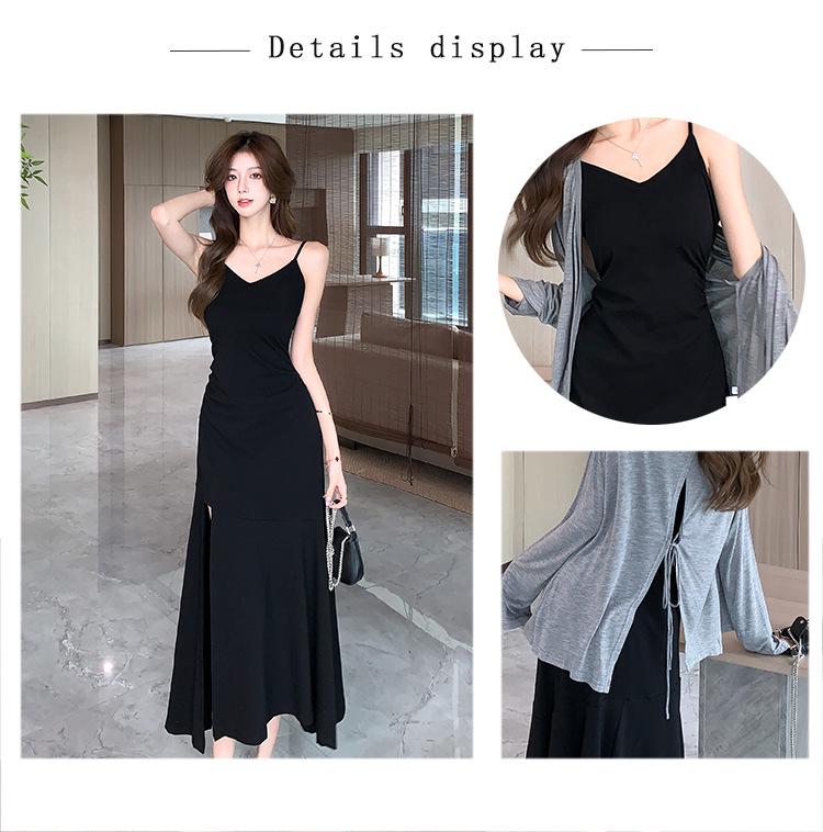 2025 Spring/Summer French Black Spaghetti Strap Slit Dress & Sun Protection Cardigan Set