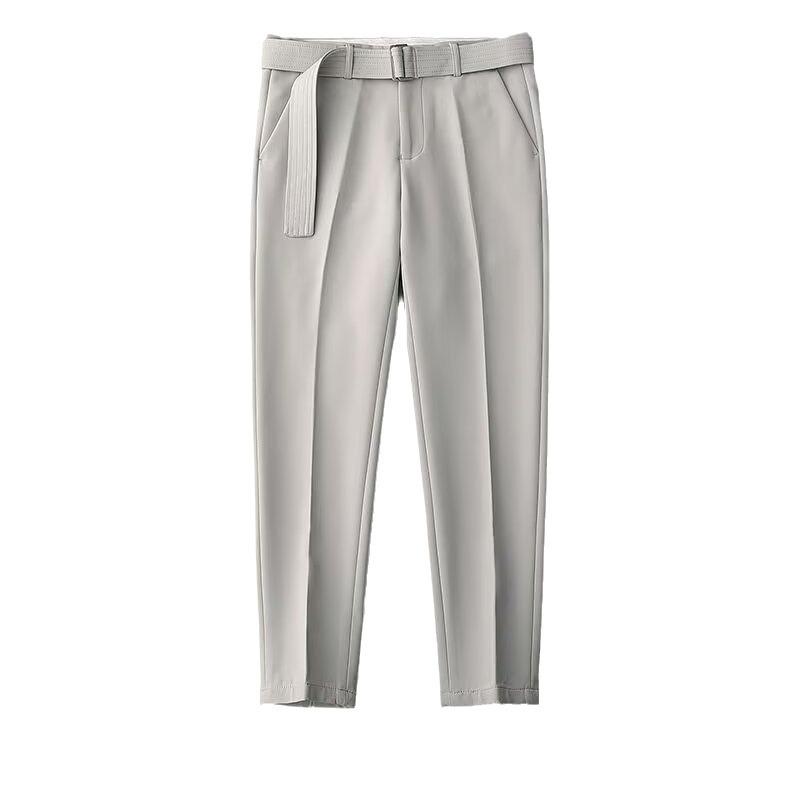 Men's Summer Ice Silk Straight Suit Trousers with Belt - Trendy and Mature Nine-Point Casual Pants