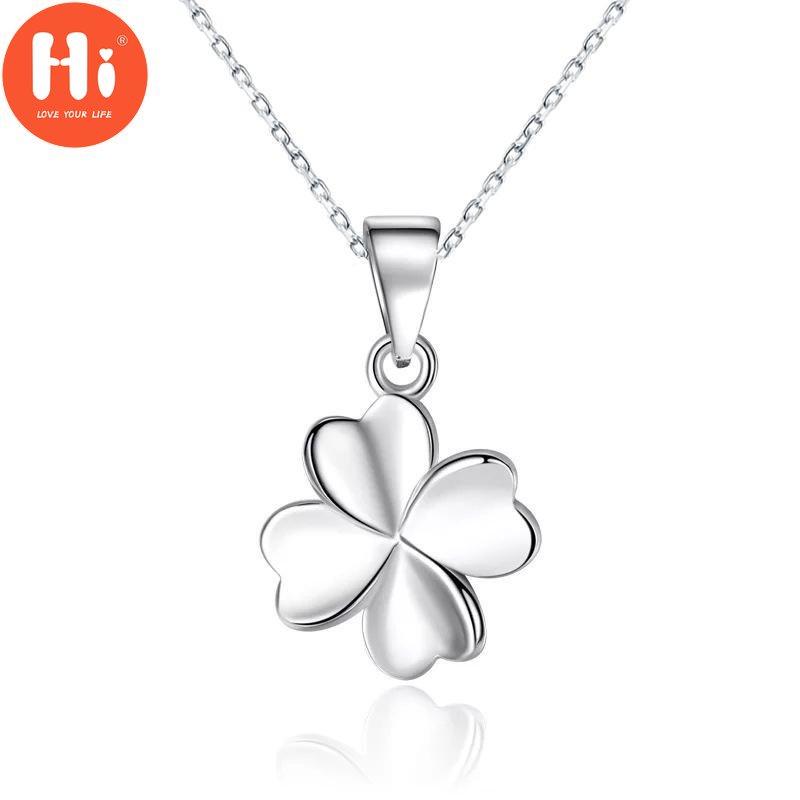 Hi Authentic Four Leaf Clover Charm Box /Link Chain Necklace Ladies Silver Color Lucky Clover Jewelry