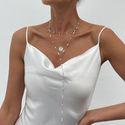 Ins Sun Alloy Pendant Collarbone Chain French Temperament Pearl Beaded Long Necklace Fashionable Commuter Stacking Style Holiday Women's Jewelry