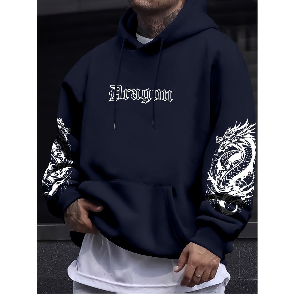 Dragon Element Print Pocket Hooded Sweatshirt Is Suitable for Daily Holiday Outdoor Wear, Autumn And Winter Thickened Men'S Print Hoodie