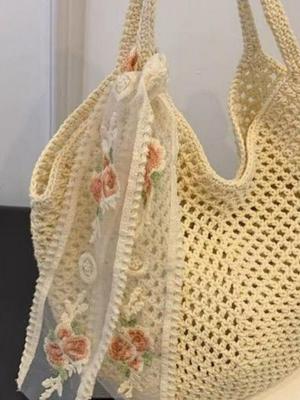 Women's Summer Crochet Tote Bag - Large Capacity, Flower Design, Beach Vacation Shoulder Bag