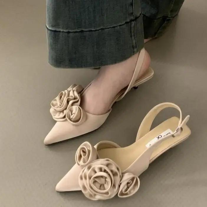 Designer Woman Shoes Pointed Toe Flower Sexy Women Shoes Sandals Dress Slippers Mules Shoes Spring New Flip Flops French Female