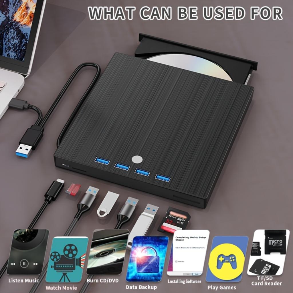 8-In-1 USB3.0 External DVD Drive,Ultra Slim Type-C Portable Burner,Read Write Play CD DVD for Windows,Mac and Linux PC