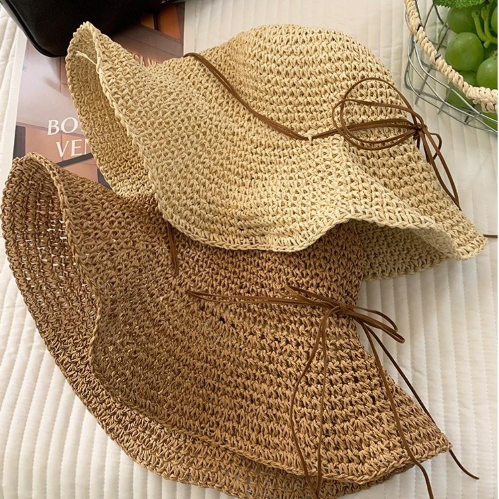 Sombrero de Sol de Ala Ancha para la Costa Sombrero Panama Tejido de Paja con Lazo Sombrero de Pescador de Playa de Verano