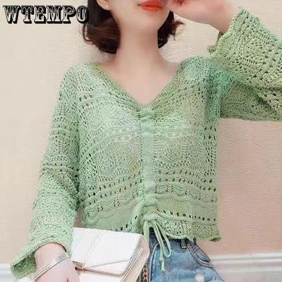 Summer Knitted Cardigan Women's Hollow Solid Color Sun Protection Thin T-Shirts Loose V-Neck Short Sleeve Knitted Vests Short Tops