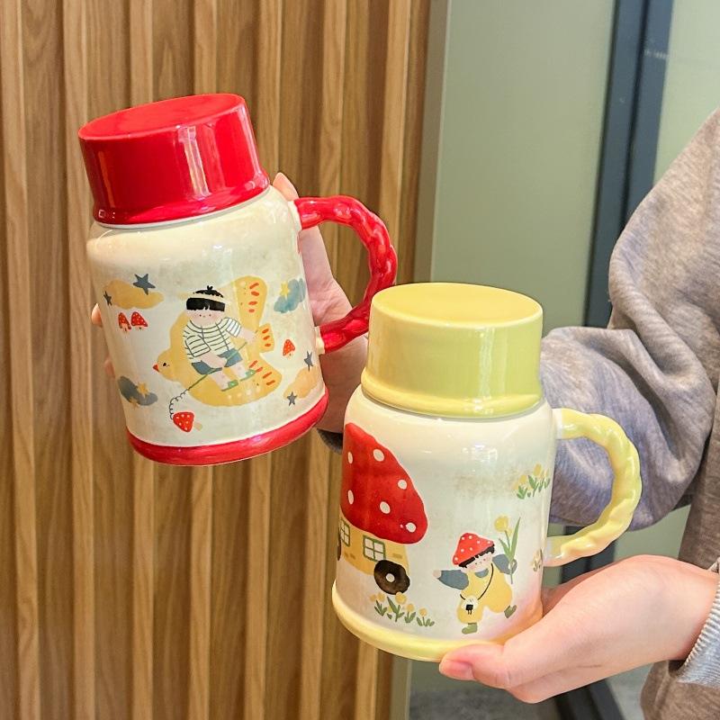Cute retro kettle high value boys and girls ceramic mug with lid large capacity water cup birthday gift practical