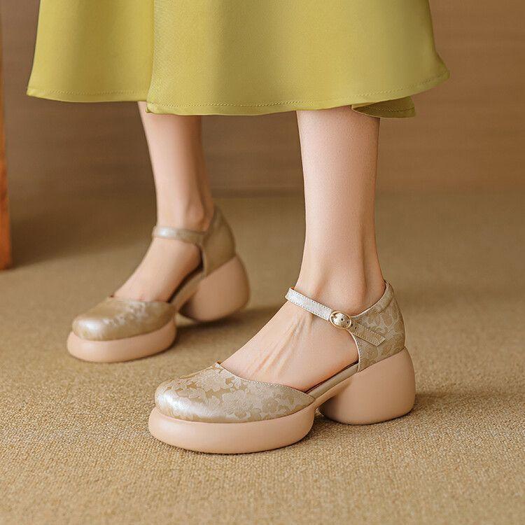 Thick-soled Bag Head Sandals Women's Leather Muffin One-word Buckle Shoes New Summer High-heeled Hollow Mary Jane Shoes