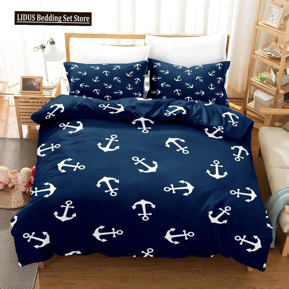 Nautical Bedding Set Ocean Anchor Duvet Cover Sailor Pirate Sea Adventure Bedspread For Kids Boys Navy Blue