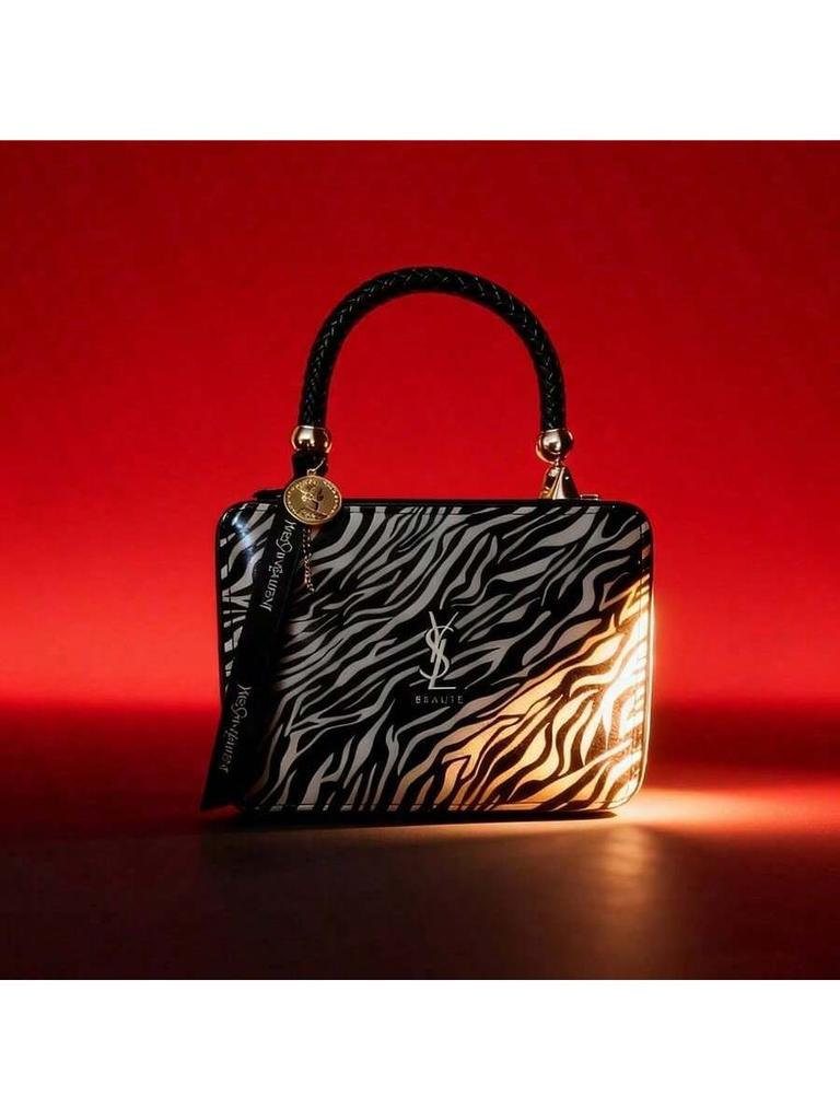 YSL Kadın Siyah Beyaz Zebra Desenli Portföy Çanta - Günlük işe gidiş ve alışveriş için uygun, çok fonksiyonlu bir makyaj çantası.