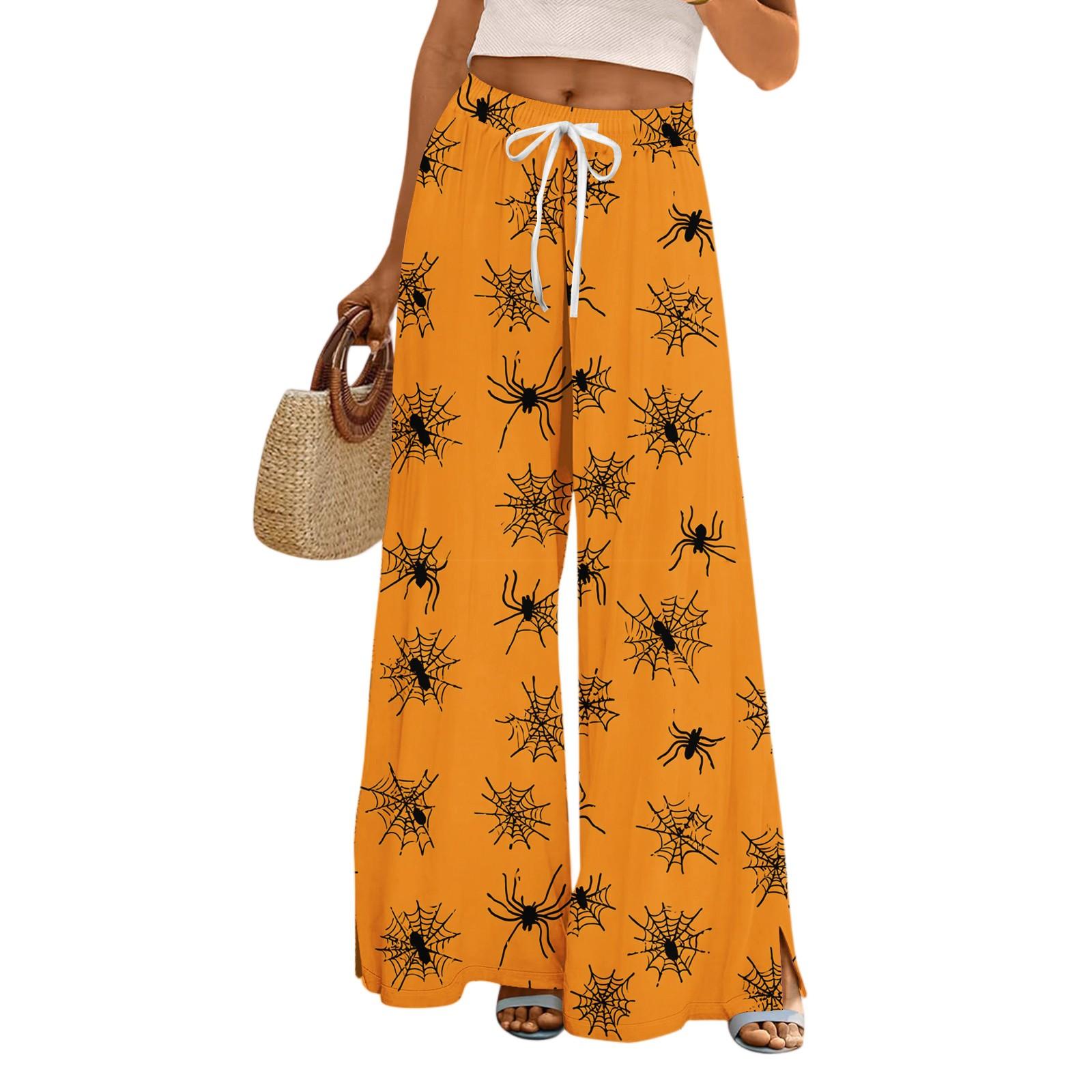 

Женские свободные и повседневные брюки с широкими штанинами с принтом на Хэллоуин, эластичным поясом, кулиской и карманом M жёлтый