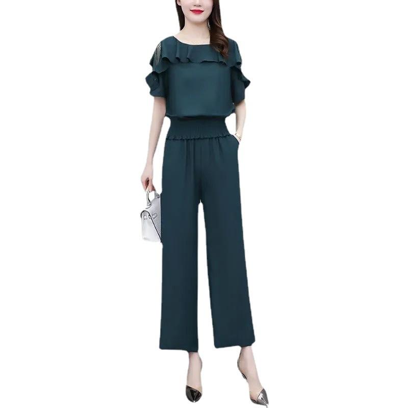 Women's Summer Suit Waistband Lace Openwork Off The Shoulder Short Sleeve Tops Wide Leg Pants 2 Two Piece Set for Women
