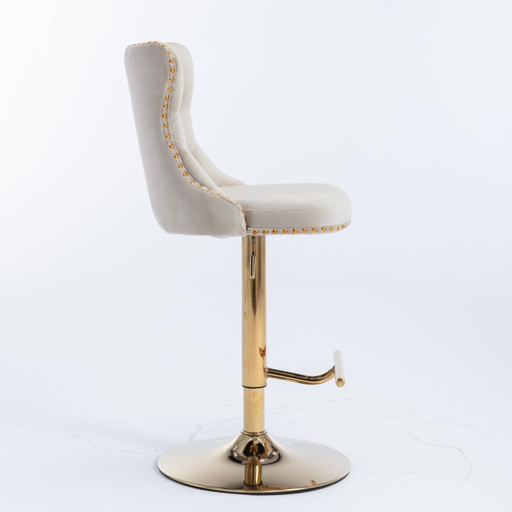 Velvet Swivel Bar Stools, Height 25-33 Inches, Tufted Button Back, Gold Nailhead Trim, Gold Base, for Kitchen Island Home Pub Cafe, Beige, DE1912BG