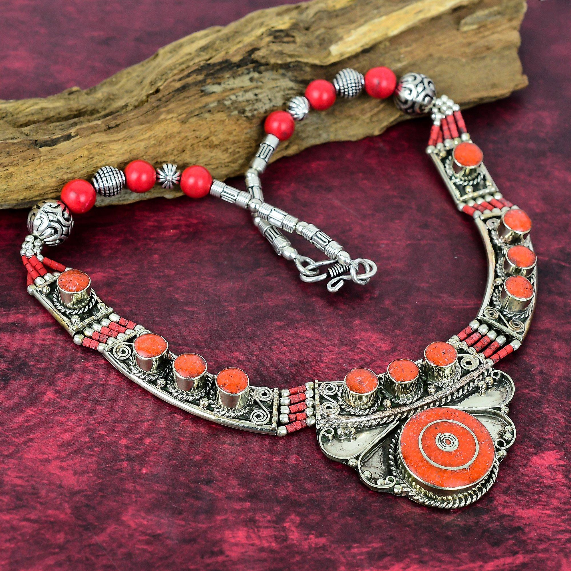 

Orange & Red Coral Handmade Gemstone Nepali Necklace, 925 Solid Sterling Silver Necklace Antique Jewelry, Adjustable Chain Necklace Engagement Gift