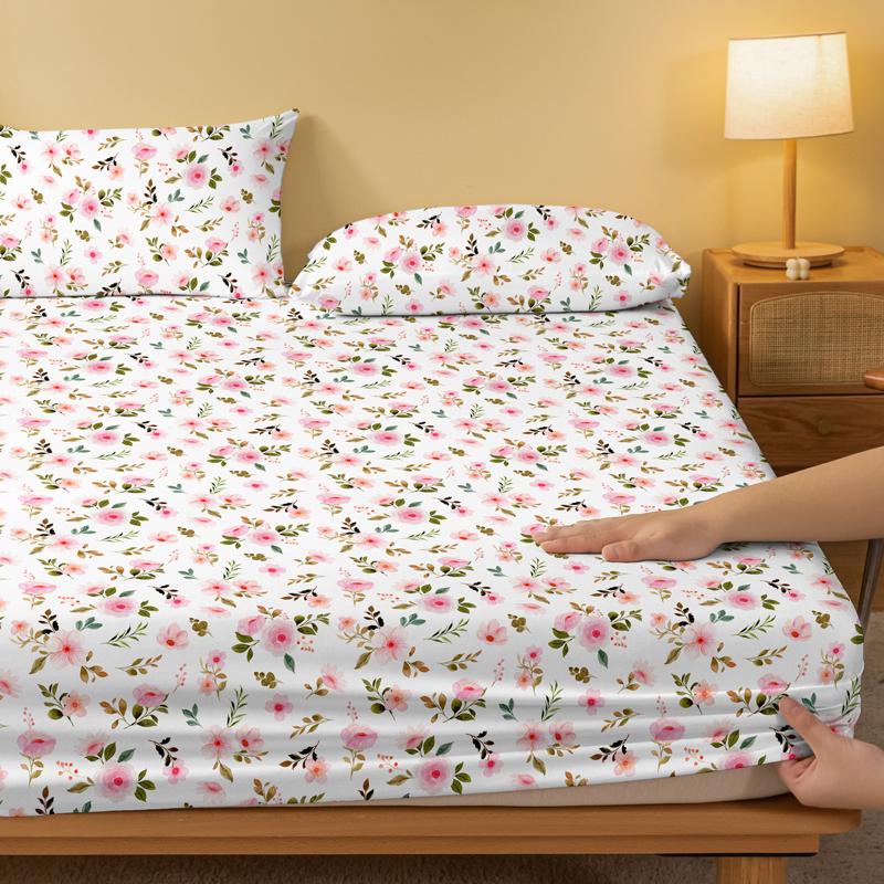 1 Simple Modern Plant Flower  Printed Matte Fitted Sheet, Bedroom Printed Bed Cover, Bedding (Excluding Pillowcases)