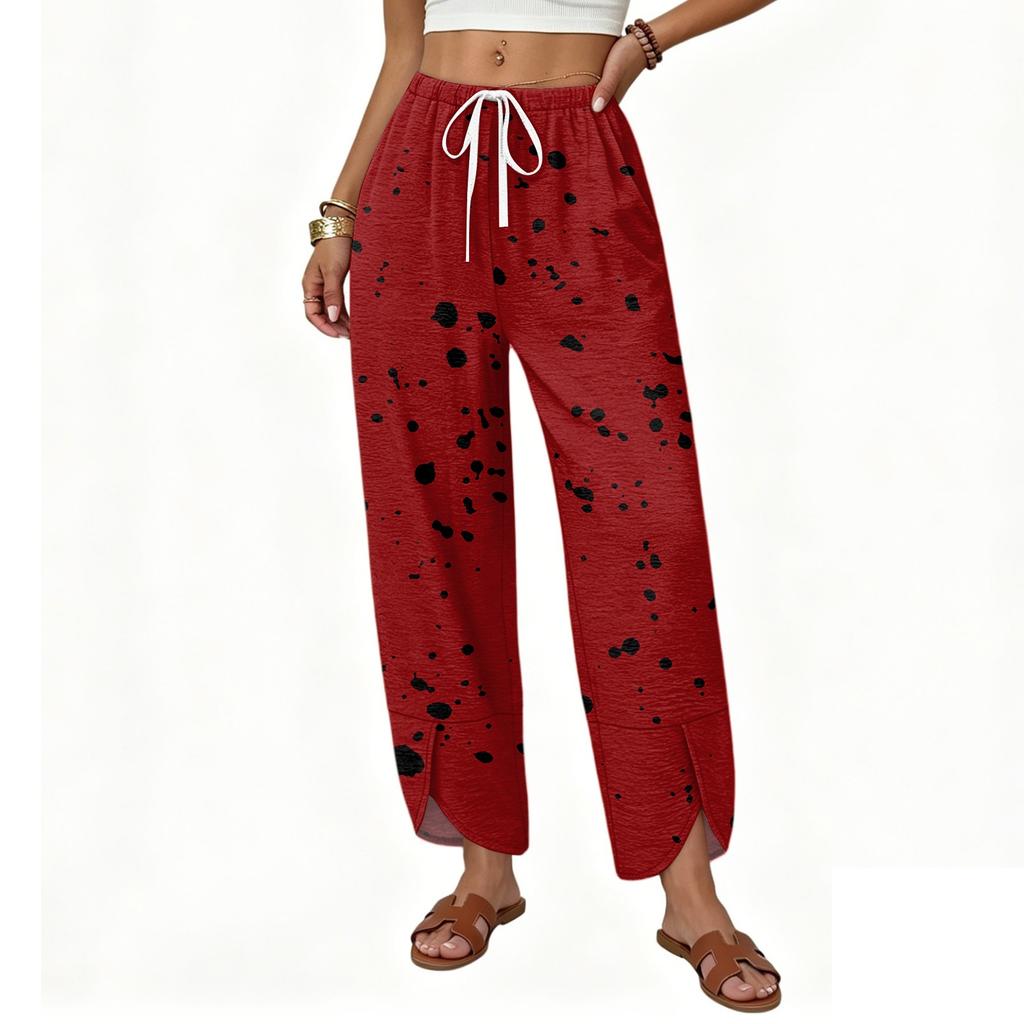 Damen Lässige Weite Hosen Lockerer Sitz Gerader Schnitt Knopfdetail Bedrucktes Muster Kordelzug Taille Lange Hosen