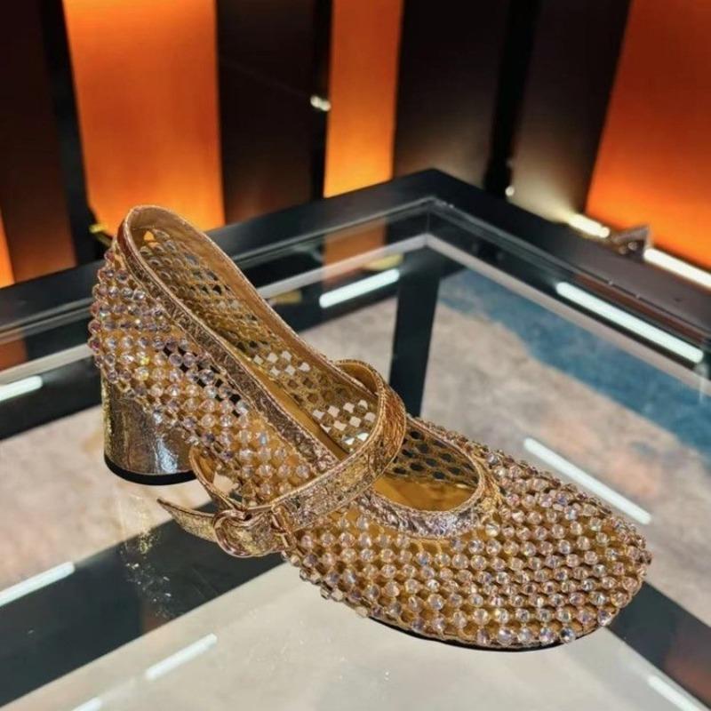 Fashion Summer New Rhinestone Mesh Heels Women's Square Toe Shallow Mouth Cutout Breathable Non-Slip Mary Jane Single