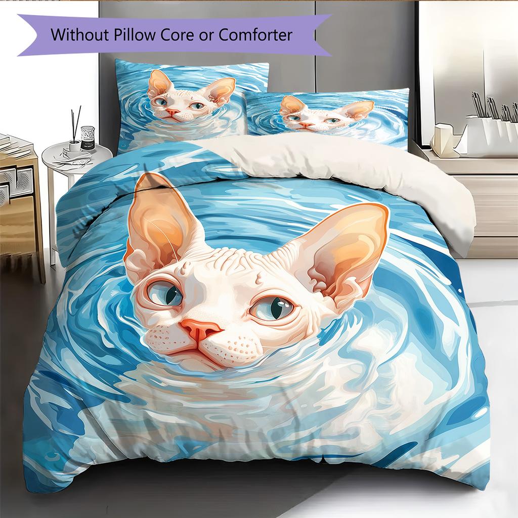 Cat with Water Ripple Pattern Pattern Bedding Quilt Set  Home Decoration  Gift (1 * duvet cover + 2 * pillowcase  without core)