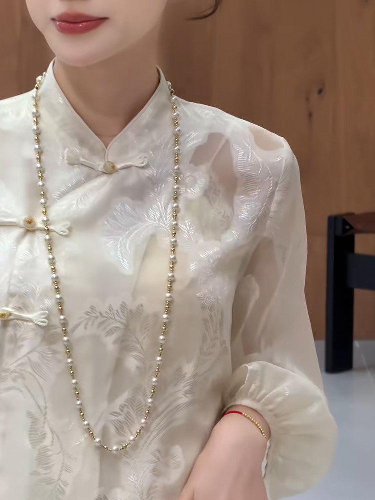 2026 Spring Chinese Style Embroidered Jacquard Frog Button Stand Collar Shirt